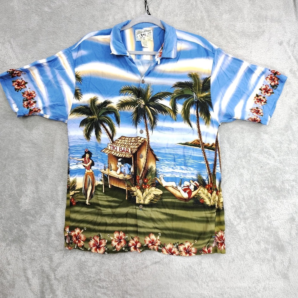 Vintage Big Dogs Hawaiian Shirt Men L Blue Aloha Hula Beach Dog Print Rayon